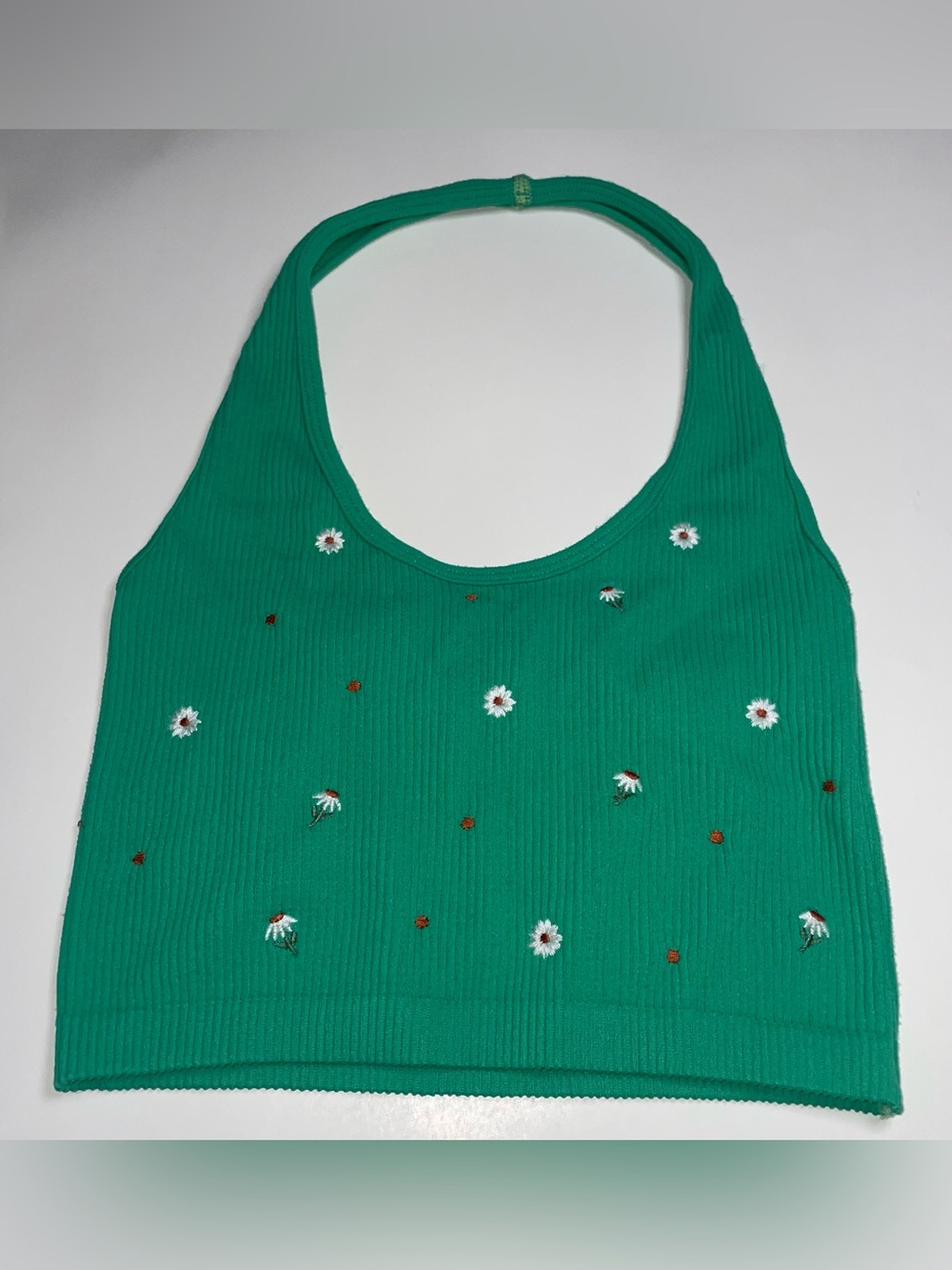 Zara XS/S Green Ribbed Daisy Floral Pattern Halter Crop Top Boho Stretch